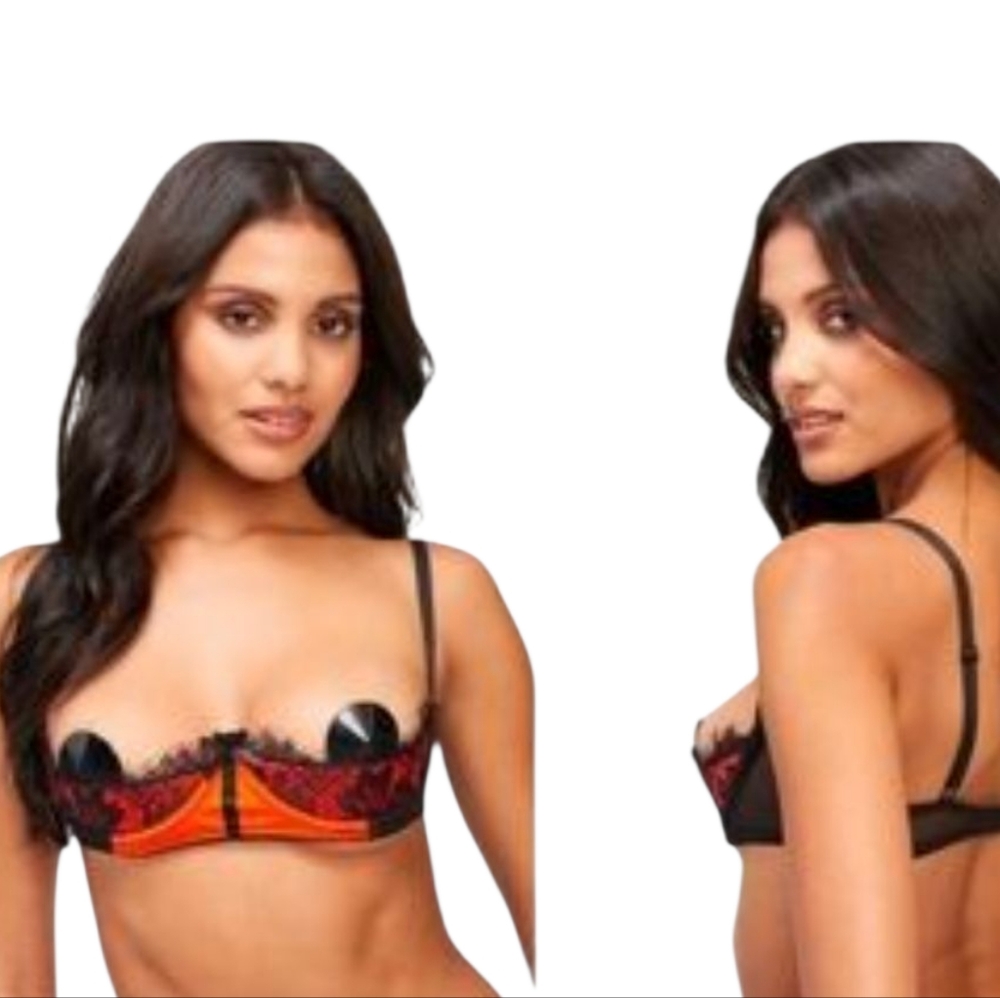 Frederick's of Hollywood Lux Lace Orange Satin Open Cup Shelf Bra‎ Size 16 NEW